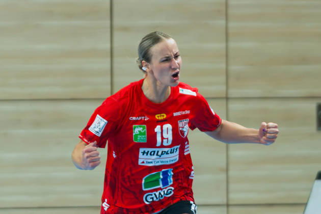 Lea Gruber (Halle, 19) jubelt nach Torwurf, SV Union Halle-Neustadt vs. BSV Sachsen Zwickau, Handball Bundesliga Frauen, 1. Bundesliga 5. Spieltag Saison 2026 27, 10.10.2026 Halle SWH Arena Sachsen-Anhalt Deutschland