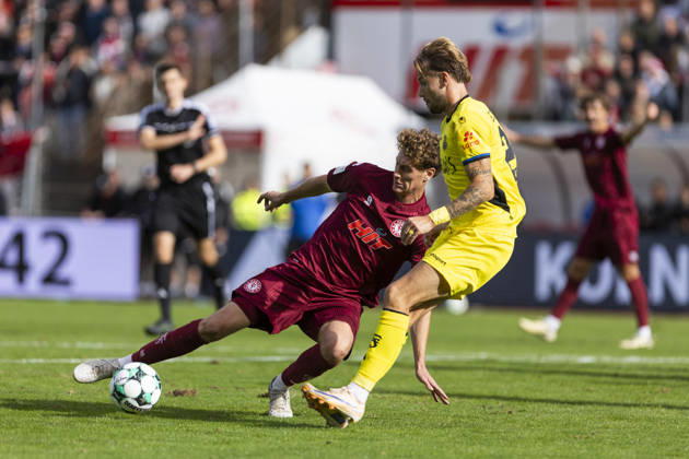 3. Liga, Fortuna Köln - 1. FC Saarbrücken; 10.10.2026 Seymour Fünger (Fortuna Köln, 5), Niko Bretschneider (1. FC Saarbrücken, 28). 3. Liga, Fortuna Köln - 1. FC Saarbrücken, 8. Spieltag, am 10.10.2026, Südstadion, Köln. DFB regulations prohibit any use of photographs as image sequences and or quasi-video Copyright: xBEAUTIFULxSPORTS Meuselx
