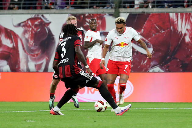 10.10.2026, xgox, Fussball 1.Bundesliga, RB Leipzig - Eintracht Frankfurt v.l. Antonio Nusa (RB Leipzig) Torschuetze, erzielt das Tor, Treffer, scores the goal 5:0 (DFL DFB REGULATIONS PROHIBIT ANY USE OF PHOTOGRAPHS as IMAGE SEQUENCES and or QUASI-VIDEO) Leipzig
