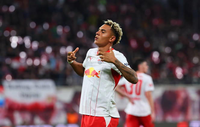RB Leipzig - Frankfurt Bundesliga Leipzig, 10.10.2026, Red Bull Arena, Fussball, Bundesliga, Spieltag 5 , RB Leipzig vs. SG Eintracht Frankfurt , Tor für Leipzig zum5:0. Im Bild: Torschütze Antonio Nusa (7, RB Leipzig), Torjubel. ,