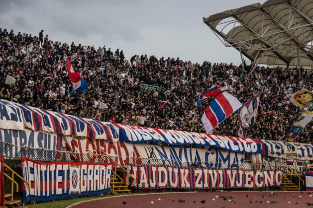 SuperSport HNL, round 09: HNK Hajduk Split v GNK Dinamo Zagreb Supporters of HNK Hajduk Split, Torcida during the SuperSport HNL 2026. 2027. round 09 match between HNK Hajduk Split and GNK Dinamo Zagreb at Poljud Stadium in Split, Croatia on October 10, 2026.  ZvonimirxBarisin PIXSELL