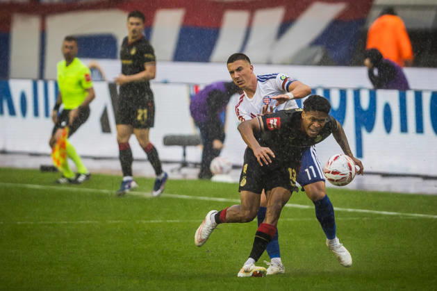 SuperSport HNL, round 09: HNK Hajduk Split v GNK Dinamo Zagreb Michele Sego of HNK Hajduk Split and Paul Tabinas of GNK Dinamo Zagreb during the SuperSport HNL 2026. 2027. round 09 match between HNK Hajduk Split and GNK Dinamo Zagreb at Poljud Stadium in Split, Croatia on October 10, 2026.  ZvonimirxBarisin PIXSELL