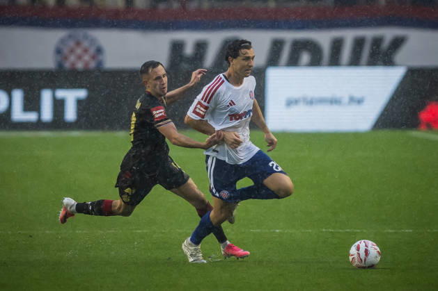 SuperSport HNL, round 09: HNK Hajduk Split v GNK Dinamo Zagreb Lukas Kacavenda of GNK Dinamo Zagreb and Alberto del Moral of HNK Hajduk Split during the SuperSport HNL 2026. 2027. round 09 match between HNK Hajduk Split and GNK Dinamo Zagreb at Poljud Stadium in Split, Croatia on October 10, 2026.  ZvonimirxBarisin PIXSELL