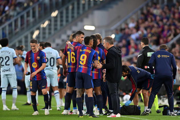 FC Barcelona, Barca v GETAFE CF SPOTIFY CAMP NOU. BARCELONA October 10,2026 FC BARCELONA vs GETAFE CF OCTOBER 10 ,2026 Gabriel Jesus (9) of FC Barcelona, Rodrigo (16) of FC Barcelona and Hansi Flick head coach of FC Barcelona during the match between FC Barcelona and Getafe CF corresponding to the eighth day of La Liga EA Sports at at Spotify Camp Nou in Barcelona, Spain. Barcelona ESP Copyright: xS.xRosx
