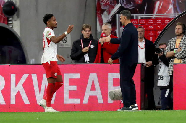 10.10.2026, xgox, Fussball 1.Bundesliga, RB Leipzig - Eintracht Frankfurt v.l. Christopher Nkunku (RB Leipzig) Trainer Coach Martin Demichelis (RB Leipzig) (DFL DFB REGULATIONS PROHIBIT ANY USE OF PHOTOGRAPHS as IMAGE SEQUENCES and or QUASI-VIDEO) Leipzig