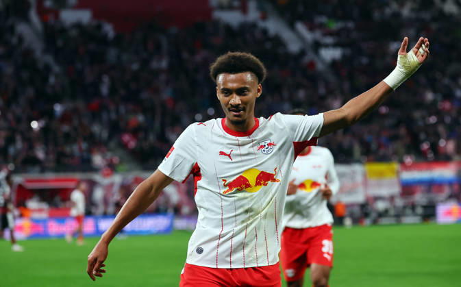 RB Leipzig - Frankfurt Bundesliga Leipzig, 10.10.2026, Red Bull Arena, Fussball, Bundesliga, Spieltag 5 , RB Leipzig vs. SG Eintracht Frankfurt 6:0 (4:0) , Tor für Leipzig zum 6:0.. Im Bild: Torschütze Tidiam Gomis (27, RB Leipzig), Torjubel ,