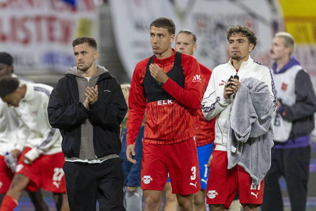 GER, Leipzig, Fussball, Bundesliga, 5. Spieltag, RB Leipzig vs. Eintracht Frankfurt im Bild v.l.: Christoph Baumgartner (RB Leipzig 14), Maxime Esteve (RB Leipzig 03), Neil El Aynaoui (RB Leipzig 21), 10.10.2026, Red-Bull Arena Leipzig DFL DFB REGULATIONS PROHIBIT ANY USE OF PHOTOGRAPHS AS IMAGE SEQUENCES AND OR QUASI-VIDEO, Leipzig Red-Bull Arena Sachsen Germany Copyright: xPaulxFritzx