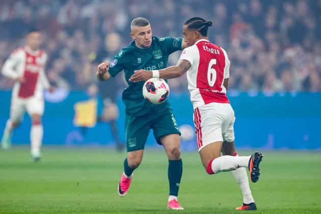 AMSTERDAM , 10-09-2026 , JohanCruyff Arena , season 2026 2027 , Dutch Eredivisie football , Match between Ajax and NEC Nijmegen , picture shows NEC Nijmegen player Bryan Linssen and Ajax player Thilo Kehrer battle for possession Ajax - NEC  x208125187x Copyright:
