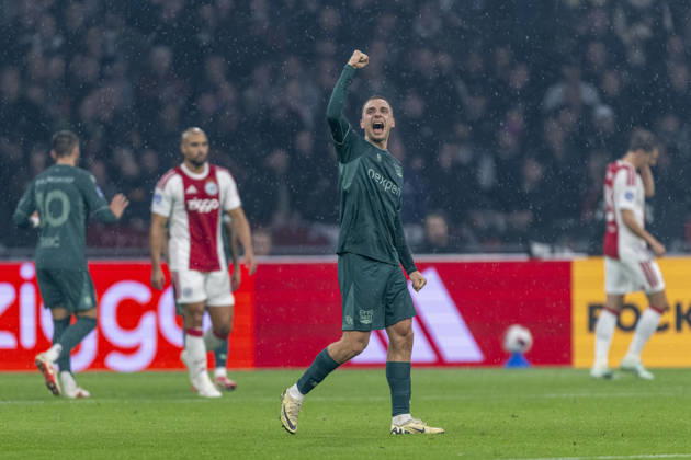 AMSTERDAM - N.E.C. Nijmegen midfielder Darko Nejasmic celebrates the 1-1 during the Vriendenloterij Eredivisie match between Ajax and N.E.C. in Johan Cruijff ArenA on 10 oktober 2026 in Amsterdam, Nederland. (Photo by DeFodi Images) -