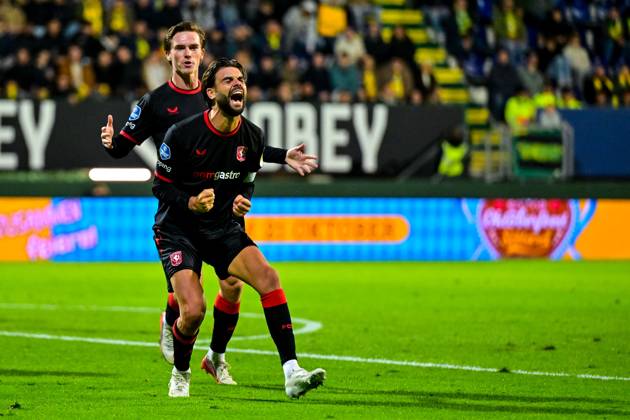 SITTARD , 10-10-2026 , Fortuna Sittard Stadium , season 2025 2026 , Dutch Eredivisie football , match between Fortuna Sittard and FC Twente , picture shows FC Twente player Robin Propper celebrates after scoring his team s first goal Fortuna Sittard - Twente  x208125618x Copyright: