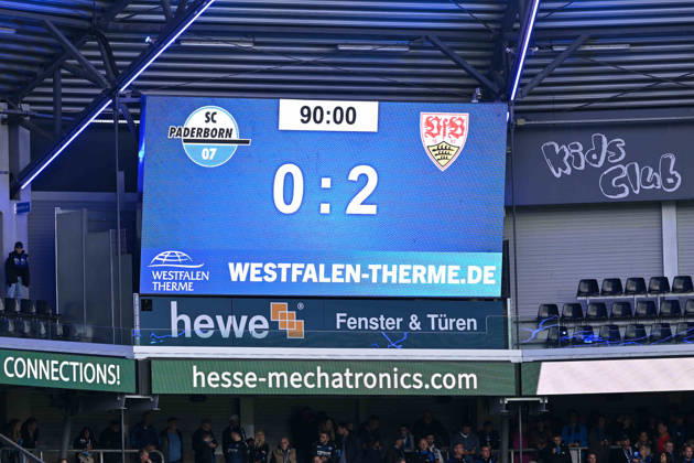 Paderborn, Home-Deluxe-Arena, 10.10.26, GER, Herren, 1.Bundesliga, Saison 2026-2027, SC Paderborn 07 - VfB Stuttgart Bild: Anzeigetafel mit Endstand 0:2 DFL regulations prohibit any use of photographs as image sequences and or quasi-video. Nordrhein-Westfalen Deutschland
