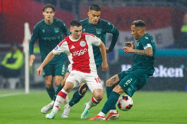 AMSTERDAM , 10-09-2026 , JohanCruyff Arena , season 2026 2027 , Dutch Eredivisie football , Match between Ajax and NEC Nijmegen , picture shows Ajax player Oscar Gloukh and NEC Nijmegen player Tjaronn Chery battle for the ball Ajax - NEC  x208126065x Copyright: