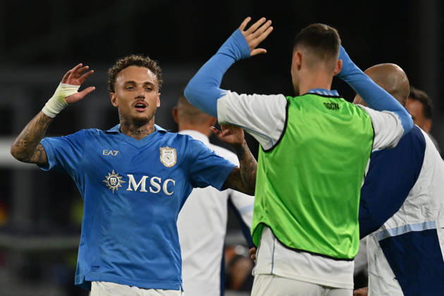 IPA89518485 - Noa Lang of S.S.C. Napoli celebrates after scoring the goal that made the score 2-0 during Matchday 6 of the Serie A Championship between S.S.C. Napoli and Frosinone Calcio at the Diego Armando Maradona Stadium on October 10, 2026, in Naples, Italy.  Copyright: xDomenicoxCippitelli IPAxSportx xx IPA89518485