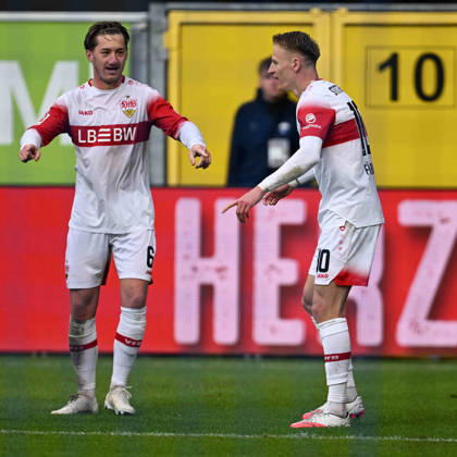 Paderborn, Home-Deluxe-Arena, 10.10.26, GER, Herren, 1.Bundesliga, Saison 2026-2027, SC Paderborn 07 - VfB Stuttgart Bild: Chris FUEHRICH (Stuttgart) jubelt nach seinem Tor zum 0:2 DFL regulations prohibit any use of photographs as image sequences and or quasi-video. Nordrhein-Westfalen Deutschland