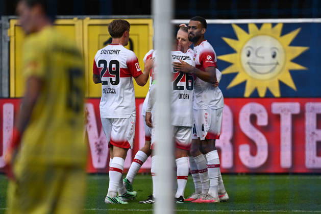 Paderborn, Home-Deluxe-Arena, 10.10.26, GER, Herren, 1.Bundesliga, Saison 2026-2027, SC Paderborn 07 - VfB Stuttgart Bild: Chris FUEHRICH (Stuttgart) jubelt nach seinem Tor zum 0:2 DFL regulations prohibit any use of photographs as image sequences and or quasi-video. Nordrhein-Westfalen Deutschland