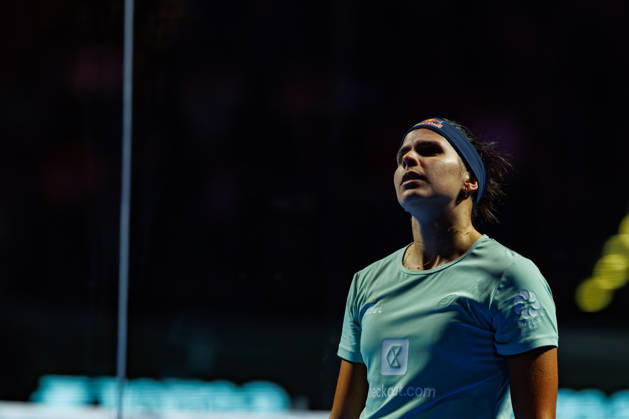 DÜSSELDORF, GERMANY - 10 OCTOBER 2026: Image shows a feature of Delfina Brea Senesi (ARG) during CUPRA Germany Premier Padel P2 2026 Day 7: Semifinals at CASTELLO Düsseldorf on 10 10 2026 in Düsseldorf, Germany. Germany Copyright: xFröhlichxPascalx