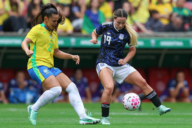 RECORD DATE NOT STATED 10th October 2026; Beira-Rio Stadium, Porto Alegre, Brazil; Friendlies Women Football, Brazil versus Argentina; Mariza Nascimento of Brazil battles for possession with Agostina Holzheier of Argentina MaxxPeixoto