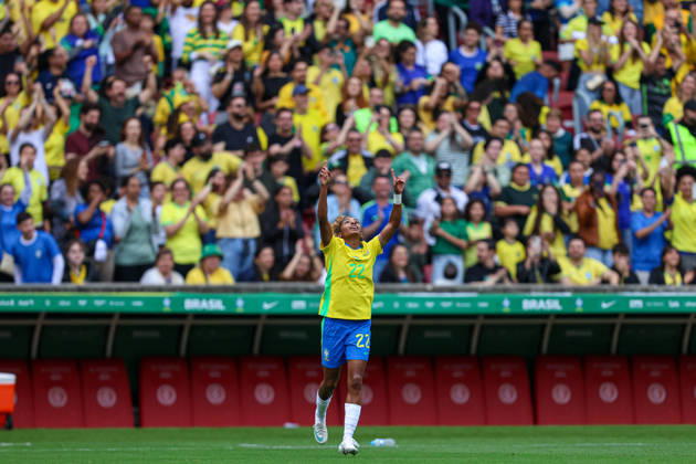 RECORD DATE NOT STATED 10th October 2026; Beira-Rio Stadium, Porto Alegre, Brazil; Friendlies Women Football, Brazil versus Argentina; Luany Rosa of Brazil celebrates his goal in the 26th minute to go up 1-0 MaxxPeixoto