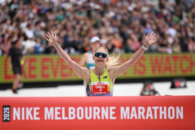 2026 MELBOURNE MARATHON, Camille French of New Zealand crosses the finish line to win the women™s marathon during the 2026 Melbourne Marathon Festival in Melbourne, Sunday, October 11, 2026. ( NO ARCHIVING, EDITORIAL USE ONLY MELBOURNE VICTORIA Australia  Copyright: xJAMESxROSSx 20261011181021575574