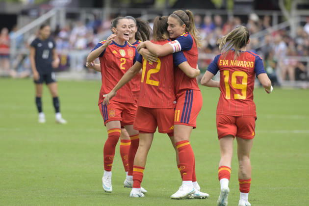 Spanish players celebrate a goal during a friendly match between the USA and Spain women s national teams at Audi Field in Washington, USA, 10 October 2026. Women s Friendly Match: United States vs Spain !ACHTUNG: NUR REDAKTIONELLE NUTZUNG!  Copyright: xLENINxNOLLYx AME4923 20261010-55021649510_1