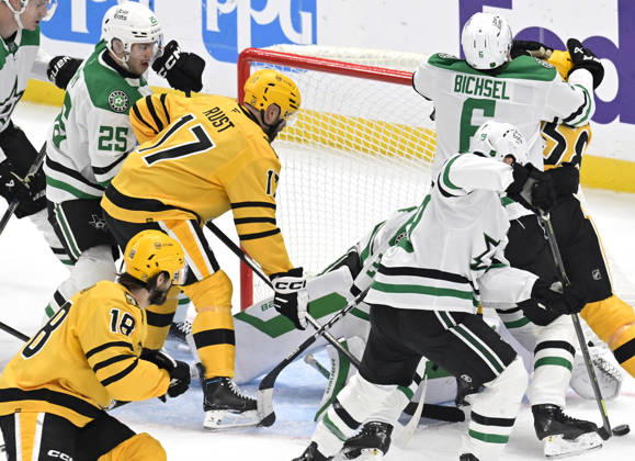 Officals reverses Pittsburgh Penguins defenseman Kris Letang (58) goal on a Dallas Stars challenge reversing the Pittsburgh Penguins goal in the final seconds of the first period at PPG Paints Arena in Pittsburgh on Saturday, October, 10 2026.  PIT2026101003 ARCHIExCARPENTER