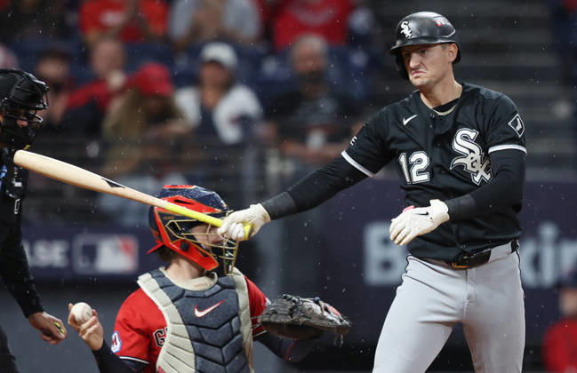 Chicago White Sox Colson Montgomery (12) reacts after being struck out by Cleveland Guardians pitcher Gavin Williams in the third inning of an MLB, Baseball Herren, USA American League Division Series at Progressive Field in Cleveland, Ohio, on Saturday, October 10, 2026.  CLE20261010711 AARONxJOSEFCZYK