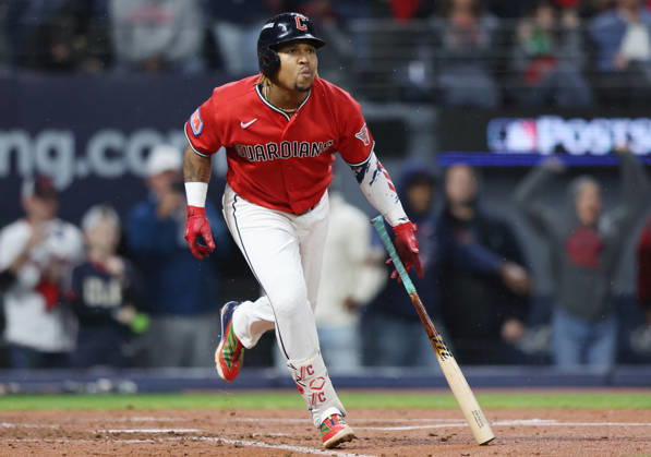 Cleveland Guardians Jose Ramirez (11) watches the ball after hitting a two-run home run against the Chicago White Sox in the fourth inning of an MLB, Baseball Herren, USA American League Division Series at Progressive Field in Cleveland, Ohio, on Saturday, October 10, 2026.  CLE20261010718 AARONxJOSEFCZYK