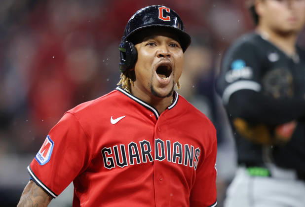 Cleveland Guardians Jose Ramirez (11) celebrates after hitting a two-run home run against the Chicago White Sox in the fourth inning of an MLB, Baseball Herren, USA American League Division Series at Progressive Field in Cleveland, Ohio, on Saturday, October 10, 2026.  CLE20261010719 AARONxJOSEFCZYK