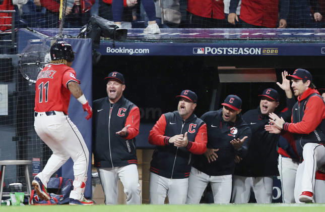 Cleveland Guardians Jose Ramirez (11) celebrates with teammates after hitting a two-run home run against the Chicago White Sox in the fourth inning of an MLB, Baseball Herren, USA American League Division Series at Progressive Field in Cleveland, Ohio, on Saturday, October 10, 2026.  CLE20261010722 AARONxJOSEFCZYK