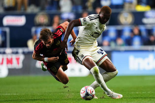 October 10, 2026: Philadelphia Union Defender Neil Pierre (44) and Real Salt Lake Forward Sergi Solans (22) battle for the ball during the second half of an MLS, Fussball Herren, USA match at Subaru Park in Chester, Pennsylvania. CSM Chester United States of America - ZUMAc04_ 20261010_zma_c04_322 Copyright: xKylexRoddenx