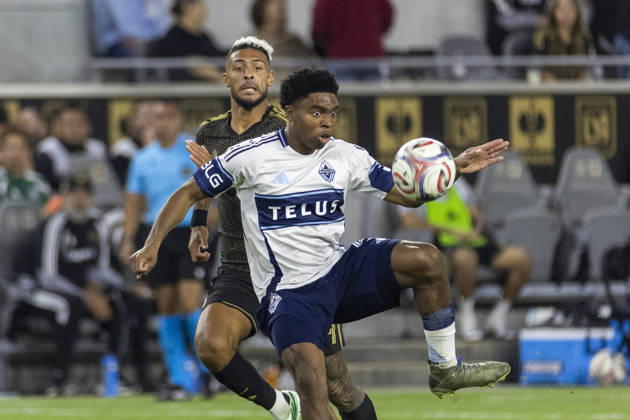 October 10, 2026, Los Angeles, California, USA: Vancouver Whitecaps centre back Ralph Priso (6) and Los Angeles FC striker Denis Bouanga (99) vie for the ball during a MLS, Fussball Herren, USA soccer game on Saturday, Oct. 10, 2026 in Los Angeles. Los Angeles USA - ZUMAc68_ 20261010_zaf_c68_052 Copyright: xRingoxChiux