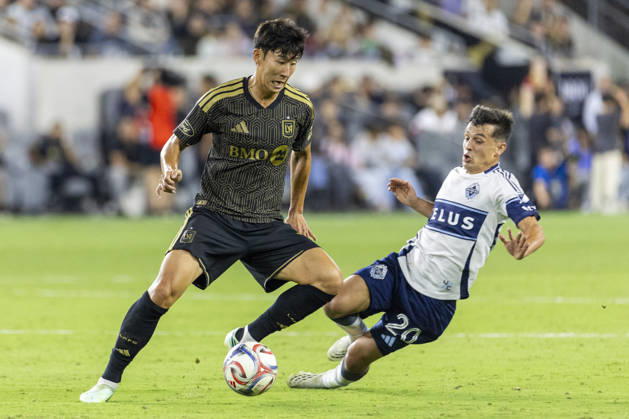 October 10, 2026, Los Angeles, California, USA: Los Angeles FC attacking midfielder Heung Min Son (7) and Vancouver Whitecaps defensive midfielder Andres Cubas (20) vie for the ball during a MLS, Fussball Herren, USA soccer game on Saturday, Oct. 10, 2026 in Los Angeles. Los Angeles USA - ZUMAc68_ 20261010_zaf_c68_062 Copyright: xRingoxChiux