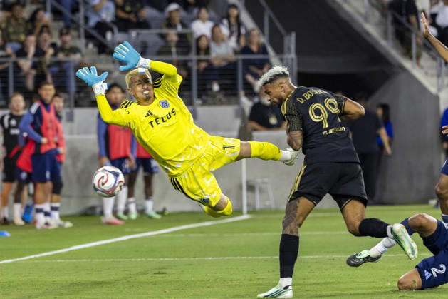 October 10, 2026, Los Angeles, California, USA: Vancouver Whitecaps goalkeeper Yohei Takaoka (1) defends as Los Angeles FC striker Denis Bouanga (99) shoots on the goal, which was not allowed due an an offside penalty during a MLS, Fussball Herren, USA soccer game on Saturday, Oct. 10, 2026 in Los Angeles. Los Angeles USA - ZUMAc68_ 20261010_zaf_c68_067 Copyright: xRingoxChiux
