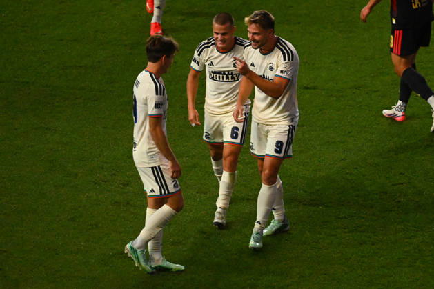 Philadelphia Union Vs Real Salt Lake - October 10, 2026 Bruno Damiani 9 of the Philadelphia Union celebrates with Cavan Sullivan 6 and Milan Iloski 10 after scoring the opening goal during the Major League Soccer 2026 match between Philadelphia Union and Real Salt Lake at Subaru Park in Chester, Pennsylvania, on October 10, 2026. Philadelphia United States  Copyright: xJackxMegawx originalFilename:megaw-philadel261010_npXfx.jpg