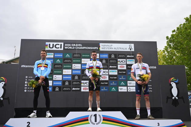 2026 UCI Gravel World Championships Picture by Zac Williams SWpix.com - 11 10 2026 - Cycling - 2026 UCI Gravel World Championships - Nannup, Western Australia, Australia - Men™s Elite Podium - Magnus Bak Klaris (Denmark) wins the Gold Medal to become World Champion with Florian Vermeersch (Belgium) receiving the Silver Medal and Connor Swift (Great Britain) receiving the Bronze Medal Copyright: x xSWpix.comx(t axPhotographyxHubxLtd)xZacxWilliams SWpix.comx SWP-3030-24606