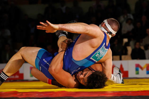 DRB BIRTAT Bundesliga, 6. Wettkampftag, ASV Mainz 88 - KG Baienfurt Ravensburg, Mainz, 10.10.2026 Kampf zwischen Yassine Ben Labed (rot, ASV Mainz 88) Jan Zirn (blau, KG Baienfurt Ravensburg), Griechisch Roemisch bis 130 kg DRB BIRTAT Bundesliga, 6. Wettkampftag, ASV Mainz 88 - KG Baienfurt Ravensburg, Sporthalle am großen Sand, Mainz, 10.10.2026 Copyright: xBEAUTIFULxSPORTS Hahnex