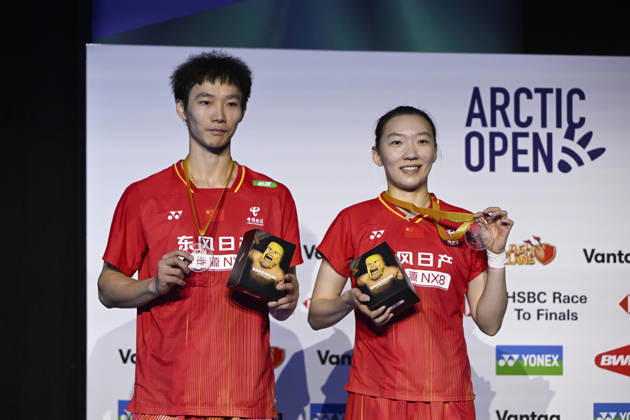 Wei Ya Xin (L) and Jiang Zhen Bang (R) of China pose with their medals after they won the mixed doubles final at the badminton Clash of Clans Arctic Open 2026 tournament in Vantaa, Finland, on October 11, 2026. - ANTTI AIMO-KOIVISTO Finland W3pu4Tb4Wbc  Copyright: xAnttixAimo-Koivistox W3pu4Tb4Wbc