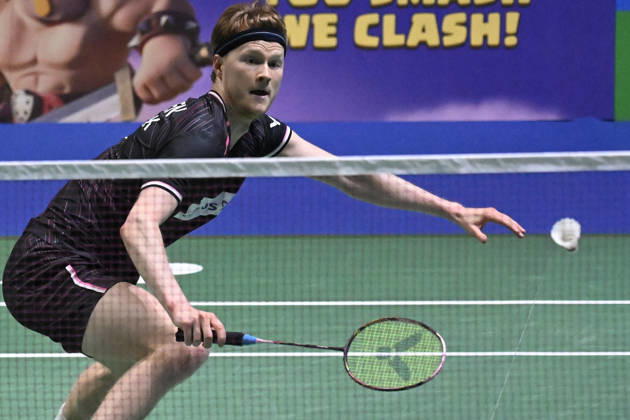 Anders Antonsen of Denmark hits a return during the men s singles match against Yushi Tanaka of Japan (not pictured) during the finals at the badminton Clash of Clans Arctic Open 2026 tournament in Vantaa, Finland, on October 11, 2026. - ANTTI AIMO-KOIVISTO Finland yu4Ro1RGhaQ  Copyright: xAnttixAimo-Koivistox yu4Ro1RGhaQ