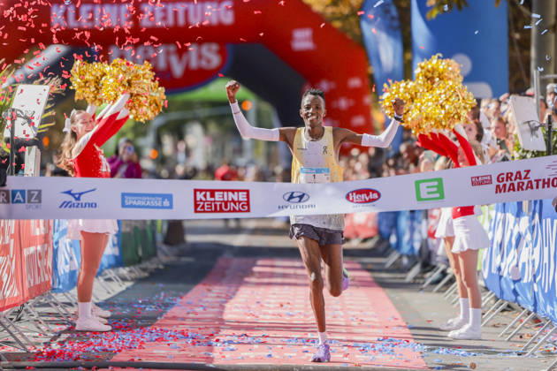 RUNNING - Graz Marathon 2026 GRAZ,AUSTRIA,11.OCT.26 - RUNNING - Graz Marathon. Image shows the rejoicing of John Maina Ndirangu (KEN).  GEPAxpictures xMatthiasxTrinkl