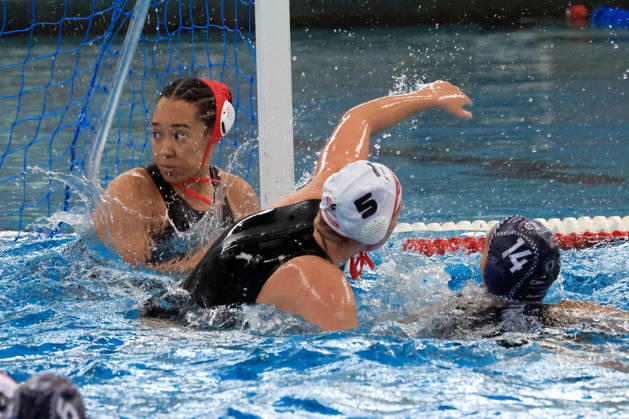11.10.2026, GER, DEU, Deutschland Wasserball Frauen ,Wasserball Champion League Qualifikation, Saison 2026, Berlin, Spandau 04 vs. Pallanuoto Trieste Mia Rycraw ( Spandau04 1 ), Emma Seehafer ( Spandau04 5 ), Paola Di Maria ( Pallanuoto Triest 14 ) nordphoto GmbH Engler Berlin Schwimmhalle-Schoeneberg Berlin Deutschland Copyright: xNordphotox xEnglerx