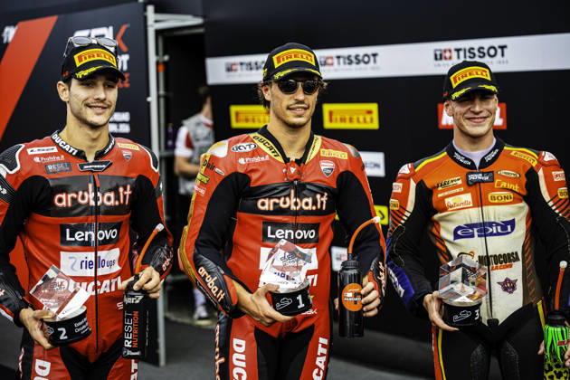 October 11, 2026, Cascais, Lisbon, Portugal: The Podium Nicolo Bulega, Iker Lecuona and Alberto Surra during the Tissot Superpole Race of the FIM Superbike World Championship, WM, Weltmeisterschaft at Circuito Estoril on October 11, 2026 in Cascais, Portugal. Cascais Portugal - ZUMAr200 20261011_zsp_r200_048 Copyright: xNunoxReisinhox