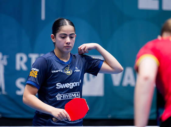 Angelina Bebawy Sweden (foto-ms1004b) at the 2026 European Table tennis, Tischtennis Championships in Ljubljana LJUBLJANA, SLOVENIA - 11 OCTOBER 2026: Angelina Bebawy Sweden (foto-ms1004b) in action at the European Table Tennis Championships in Stozice Arena, Ljubljana, Slovenia (Photo by Manfred Schillings) Ljubljana Stozice Arena Slovenia