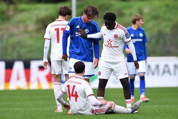 Schalke 04 U19 - Fortuna Düsseldorf U19 ** NUR FÜR REDAKTIONELLE ZWECKE ** EDITORIAL USE ONLY **<p>Fußball U19 DFB-Nachwuchsliga - Vorrunde Gruppe H 7.SPIELTAG: Schalke 04 U19 - Fortuna Düsseldorf U19 am 11.10.2026 im Parkstadion in Gelsenkirchen Timo Wiesner ( Schalke 04 U19 ), links - Adnane Tchatakpara ( Fortuna Düsseldorf U19 ), rechts - Ivan Melesh ( Fortuna Düsseldorf U19 ), unten Deutschland Nordrhein-Westfalen Gelsenkirchen Copyright: ThorstenxTillmann