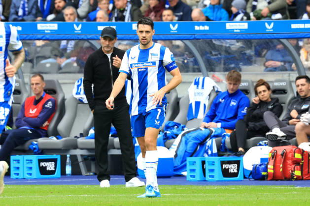 11.10.2026, DEU GER, Fussball , 2.Fussballbundesliga , Spieltag, Saison 2026 2027, Berliner Olympiastadion, Hertha BSC vs. Greuther Fuerth Cheftrainer Stefan Leitl ( Hertha BSC Berlin ), Josip Brekalo ( Hertha BSC Berlin 7 ) 2. Liga: DFB DFL regulations prohibit any use of photographs as image sequences and or quasi-video) nordphoto GmbH Engler Berlin Berliner Olympiastadion Berlin Deutschland Copyright: xNordphotox xEnglerx