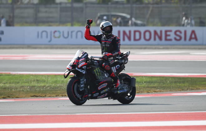 (261011) -- LOMBOK, Oct. 11, 2026 -- Aprilia Racing s Marco Bezzecchi of Italy celebrates victory after the MotoGP Grand Prix of Indonesia at Mandalika International circuit in Lombok, Indonesia, Oct. 11, 2026. ) (SP)INDONESIA-LOMBOK-MOTOGP-MANDALIKA INTERNATIONAL CIRCUIT-RACE Zulkarnain 