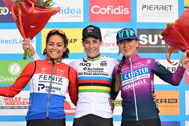 Netherlands Ceylin Del Carmen Alvarado; Netherlands Lucinda Brand and Netherlands Denise Betsema celebrate on the podium after the women elite race of the Mosselcross cyclocross cycling event, on Sunday 11 October 2026, in Dendermonde, the first race (out of 7) of the HG Cross competition. DAVIDxPINTENS  x189446614x