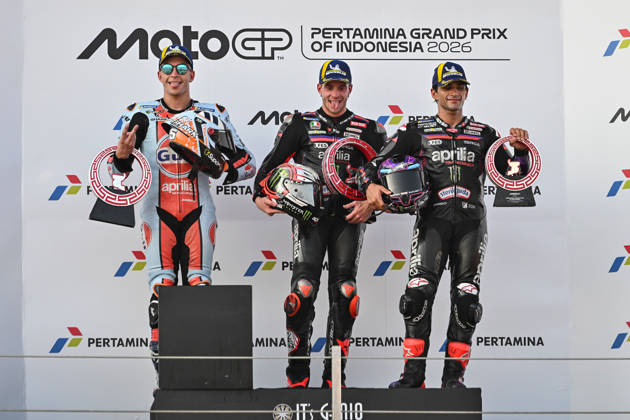 MOTO - MOTO GP - GRAND PRIX OF INDONESIA 2026 BEZZECCHI Marco (ita), Aprilia Racing, Aprilia RS-GP26, podium, portrait with FERNANDEZ Raul (spa), Trackhouse MotoGP Team, Aprilia RS-GP26 and MARTIN Jorge (spa), Aprilia Racing, Aprilia RS-GP26 during the 2026 MotoGP Pertamina Grand Prix of Indonesia on the Mandalika circuit from October 9 to 11, at West Nusa Tenggara, Indonesia - West Nusa TenggaraIndonesia  Copyright: xGIGIxSOLDANOx
