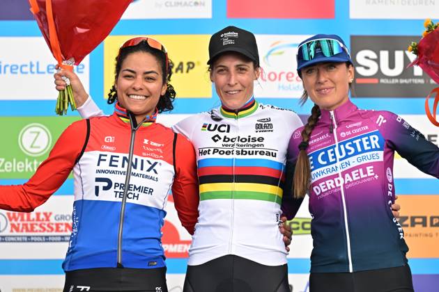 Netherlands Ceylin Del Carmen Alvarado; Netherlands Lucinda Brand and Netherlands Denise Betsema celebrate on the podium after the women elite race of the Mosselcross cyclocross cycling event, on Sunday 11 October 2026, in Dendermonde, the first race (out of 7) of the HG Cross competition. DAVIDxPINTENS  x189446782x