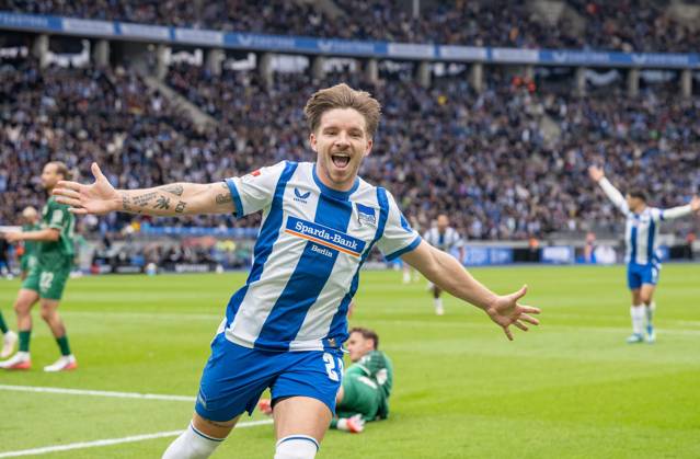 Fussball, Herren, Saison 2026 2027, 2. Bundesliga (7. Spieltag), Hertha BSC - SpVgg Greuther Fürth, Mads Pedersen (Hertha BSC), Jubel nach Tor zum 1:0, 11.10.2026, Copyright: xMatthiasxKochx