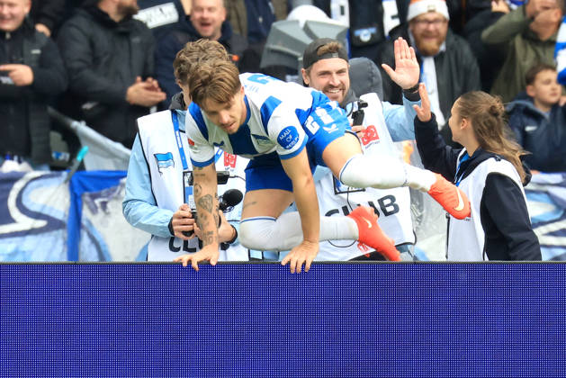 11.10.2026, DEU GER, Fussball , 2.Fussballbundesliga , Spieltag, Saison 2026 2027, Berliner Olympiastadion, Hertha BSC vs. Greuther Fuerth 1:0 durch Mads Pedersen ( Hertha BSC Berlin 22 ), Jubel, jubelt, Freude, Glueck, gluecklich, positive Emotionen, 2. Liga: DFB DFL regulations prohibit any use of photographs as image sequences and or quasi-video) nordphoto GmbH Engler Berlin Berliner Olympiastadion Berlin Deutschland Copyright: xNordphotox xEnglerx